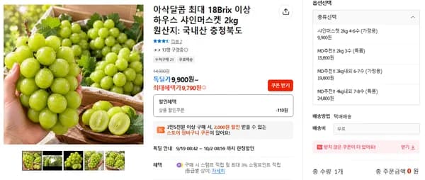 하우스 샤인머스켓 2kg 원산지 국내산 충청북도