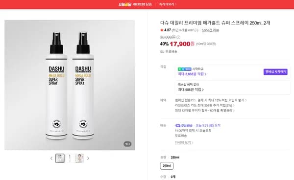 다슈 데일리 프리미엄 메가홀드 슈퍼 스프레이 250ml 2개