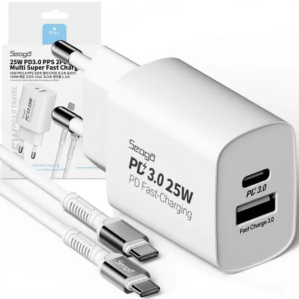 서가 25W PD3.0 PPS 2포트 멀티 초고속 충전기 SG-PDC2500A 화이트 1개 + 60W PD CtoC 고급형 케이블 1개