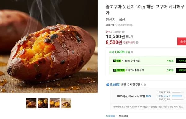 꿀고구마 못난이 10kg 해남 고구마 베니하루카 8,500원