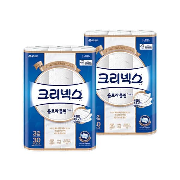 크리넥스 3겹 울트라클린 화이트 25M 30롤 2팩
