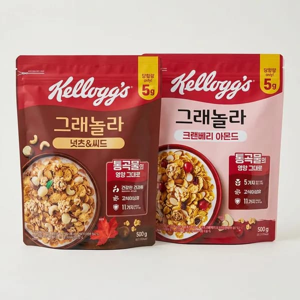 켈로그 크렌베리 아몬드 그래놀라 500g + 넛츠 앤 씨드 그래놀라 500g, 1세트