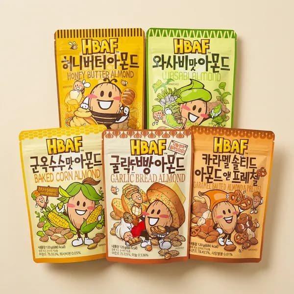 HBAF 시즈닝 아몬드 허니버터 와사비 군옥수수 마늘빵 카라멜 120g 각 1개 세트