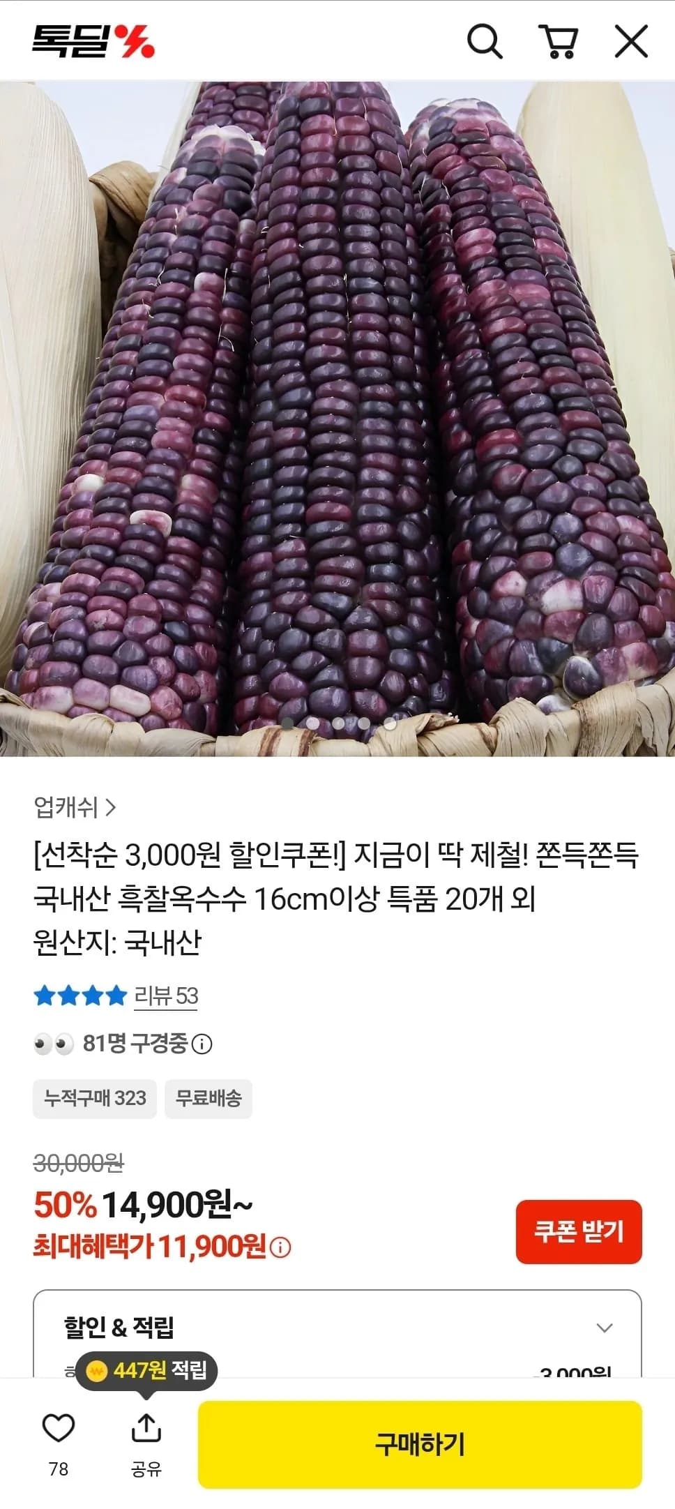 국내산 흑찰옥수수 20개 특품(16cm이상)