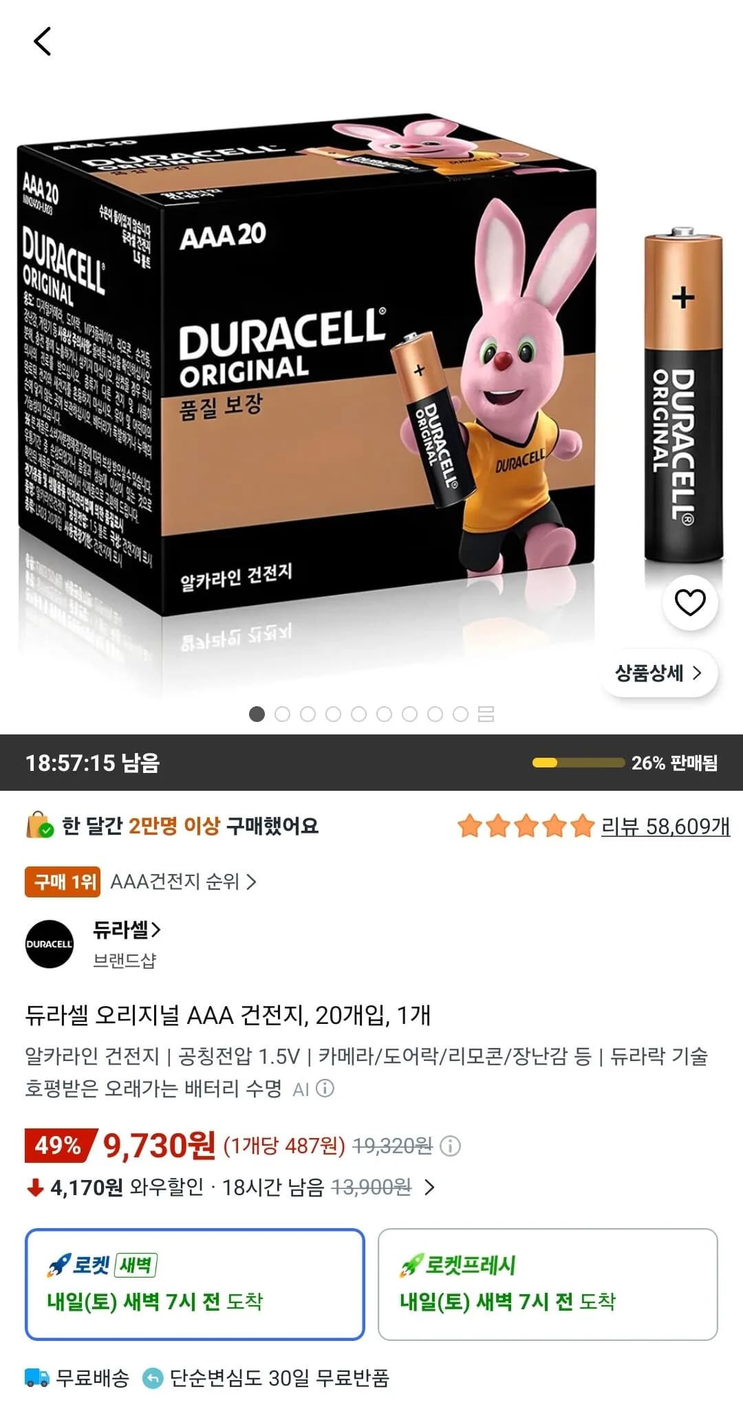 듀라셀 오리지널 AAA 건전지 20개입 1개