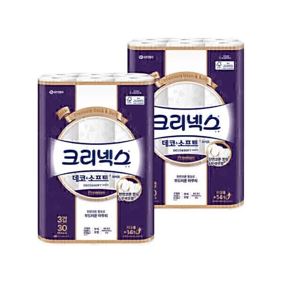 크리넥스 3겹 데코앤소프트 화이트 25m 30롤 2팩