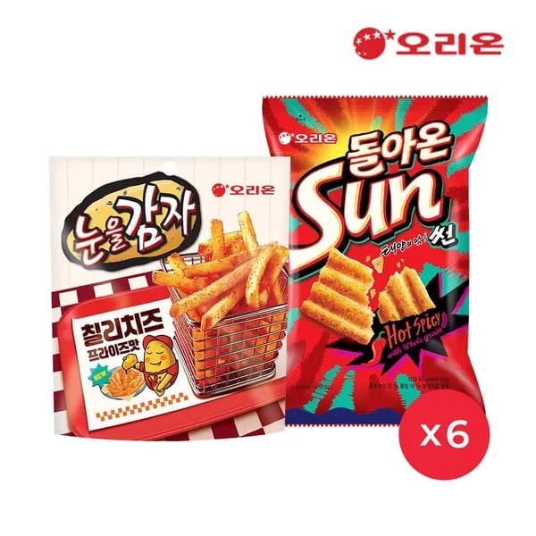 오리온 눈을감자 칠리치즈 프라이즈 56g 6개+썬칩 핫스파이시 80g 6개