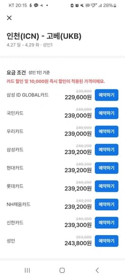 인천-고베 대한항공 왕복항공권(역대가)