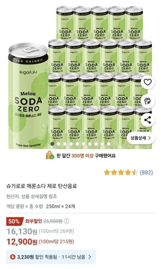 슈가로로 메론소다 제로 탄산음료 250mL 24개