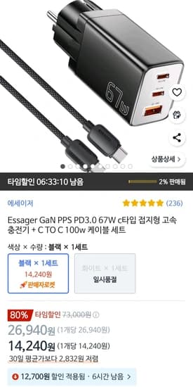 Essager GaN PPS PD3.0 67W c타입 접지형 고속 충전기 + C TO C 100w 케이블 세트
