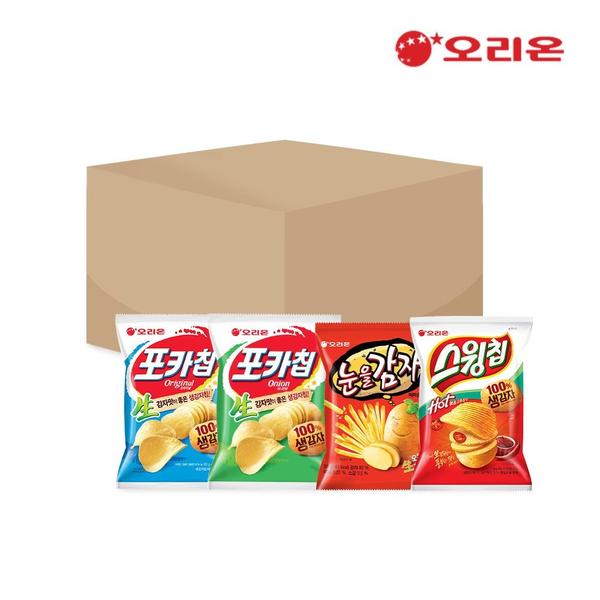 오리온 포카칩 오리지널 50g 4팩/포카칩 어니언 50g 4팩/스윙칩 볶음고추장 45g 4팩/눈을감자 36g 4팩 총 16팩
