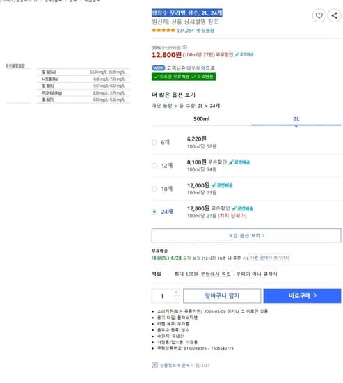 평창수 무라벨 생수, 2L, 24개