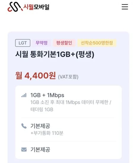 알뜰폰 평생요금제 통문무 1기가+1Mbps LG망
