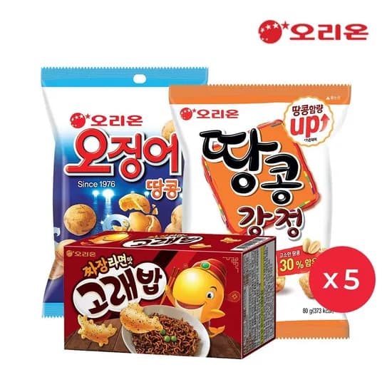땅콩강정(80g) 5개 + 오징어땅콩(98g) 5개 + 짜장고래밥(46g) 5개 (삼.비.하.토)