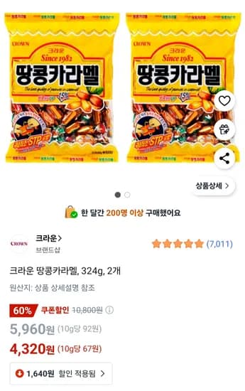 크라운 땅콩카라멜, 324g, 2개