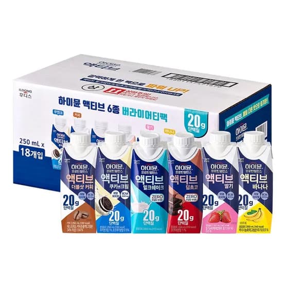 하이뮨 액티브 버라이어티팩 밀크쉐이크 딥초코 쿠키앤크림 더블샷커피 바나나 딸기 6종 각 3팩씩 총 18팩