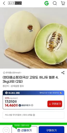 미국산 허니듀 멜론 4.3kg 내외 2개입