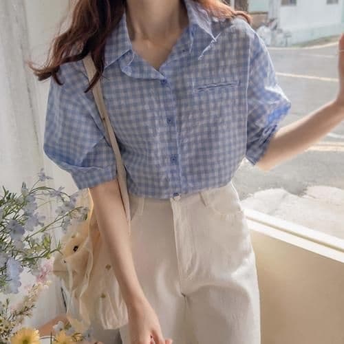 롯데온)안나링클 여름체크 튤립소매 블라우스 23,030원 무배