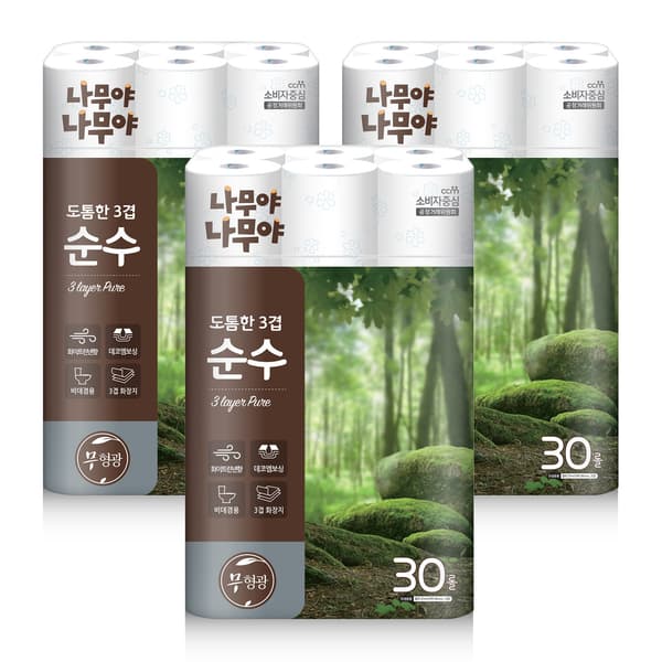 오집/토스)잘풀리는집 나무야나무야 도톰한3겹 순수 27M 30롤3팩 24,859원