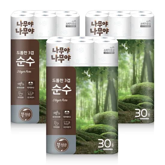 오집/토스)잘풀리는집 나무야나무야 도톰한3겹 순수 27M 30롤3팩 24,859원