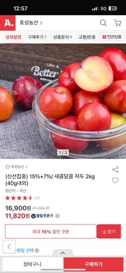 옥션) 새콤달콤 햇자두 2kg (40g내외) 11,820원