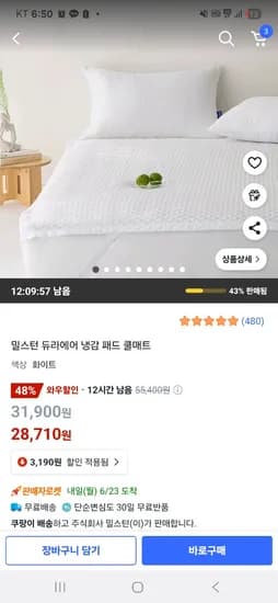 쿠팡)밀스턴 듀라에어 냉감 패드 쿨매트  SS 28,710원 / Q 37,710원 무배