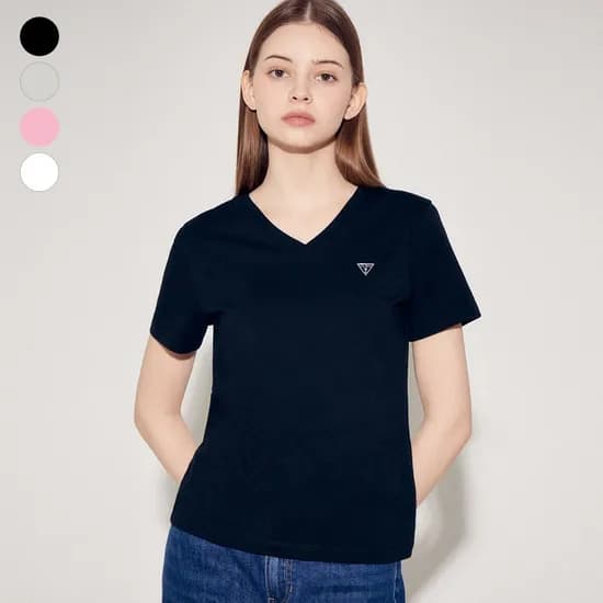 롯데백화점)게스 진 여성 미니삼각 브이넥 반팔티셔츠 18,530원
