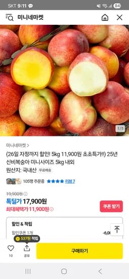 카카오) 신비복숭아 미니 5kg 11,900원 무배
