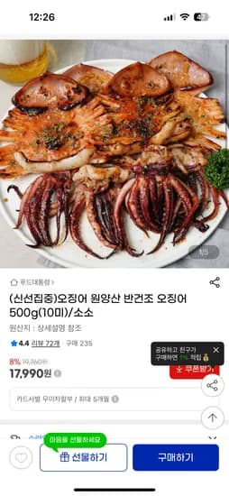 지마켓)원양산 반건조 오징어 500g 10미 17,990원 무배