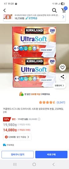 끝.쿠팡)커클랜드시그니춰 드라이시트 시트형 섬유유연제 본품, 250매입, 2개 14080원 1매당 28원