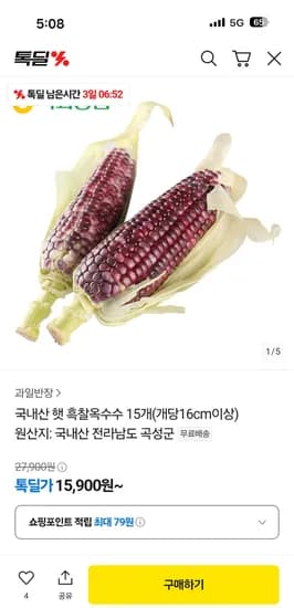 카카오톡딜) 국내산 햇 흑찰옥수수 15개 15,900원