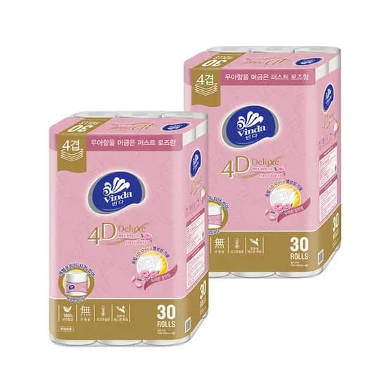 빈다 4D Deluxe 엠보싱 4겹 천연펄프 롤화장지 30롤 2팩 28,560원