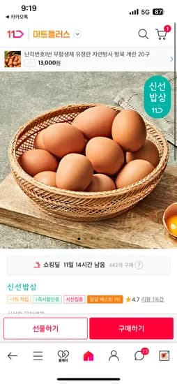 11번가) 무항생제 난각1번 자연방목 유정란 40구 (카카오페이결제시 16,730원)