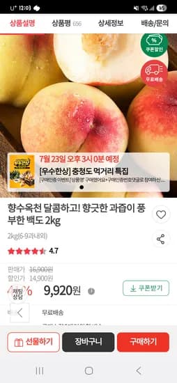 우체국) 향수옥천 달콤하고 향긋한 과즙이 풍부한 백도 2kg 9,920원