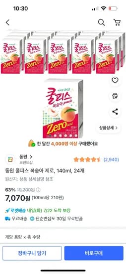쿠팡)동원 쿨피스 복숭아 제로, 140ml, 24개 7,070원