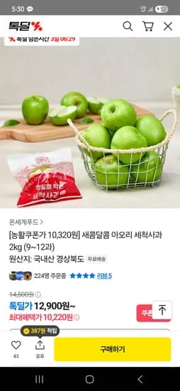 카카오)아오리 세척사과 2kg 10,220원