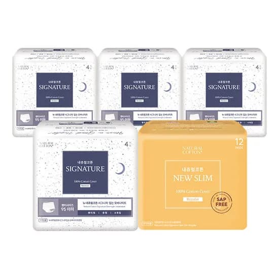 11번가)내츄럴코튼 시그니처 중형4P 4팩+뉴슬림 중형12P 12,400원