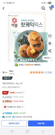 쿠팡 백설 핫케익믹스, 1kg, 1개 2980원