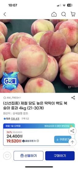 딱딱이 백도 복숭아 중과 4kg 21과-30과