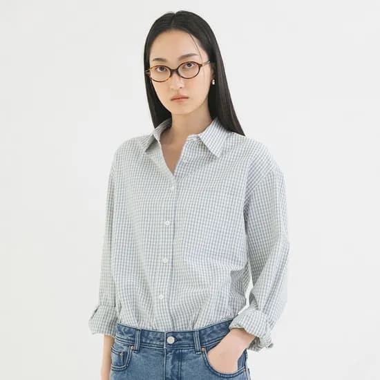 루즈핏 시어서커 체크 셔츠 블루
