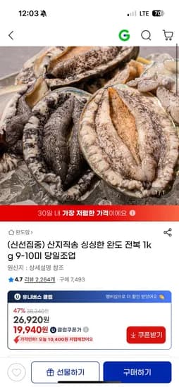 완도 전복 1kg 9-10미