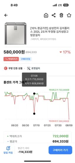 삼성전자 김치플러스 202L 2도어 뚜껑형 김치냉장고