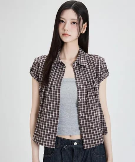 미쏘 롤업 체크반팔 셔츠