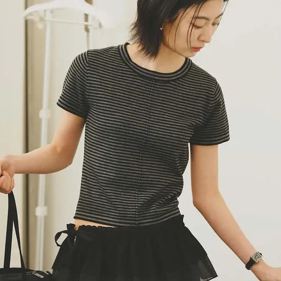 스트라이프 크루넥 하프 니트