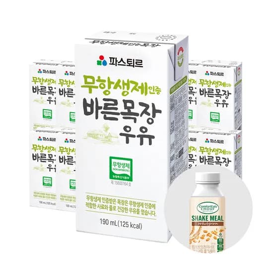 롯데웰푸드 파스퇴르 무항생제 바른목장 우유 190mL 48입+쉐이크밀 2개 35,710원
