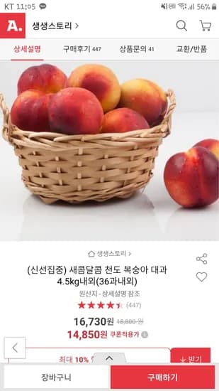 새콤달콤 천도복숭아 대과 4.5kg 36과내외