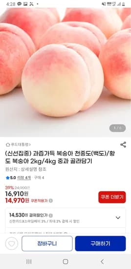 과즙가득 복숭아 천중도 백도 황도 2kg 4kg 중과