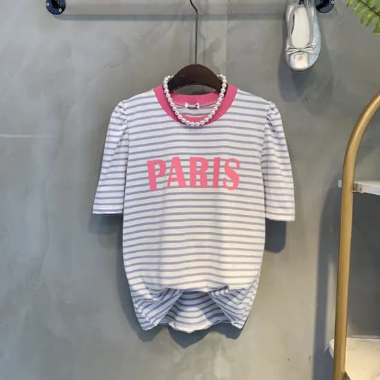 레터링 줄무늬 배색 반팔 티셔츠