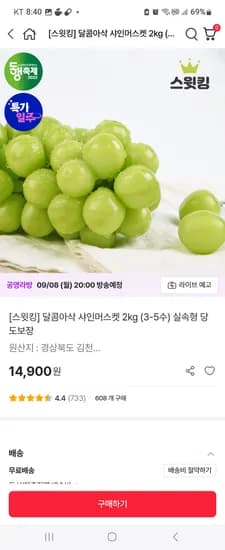 샤인머스켓 2kg 3450원 귤 2kg 로얄과 4425원
