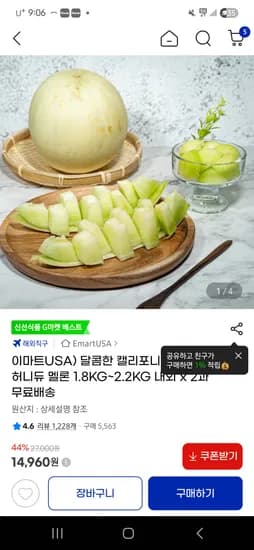 허니듀멜론 1.8kg ~2.2kg 2과 14,960원